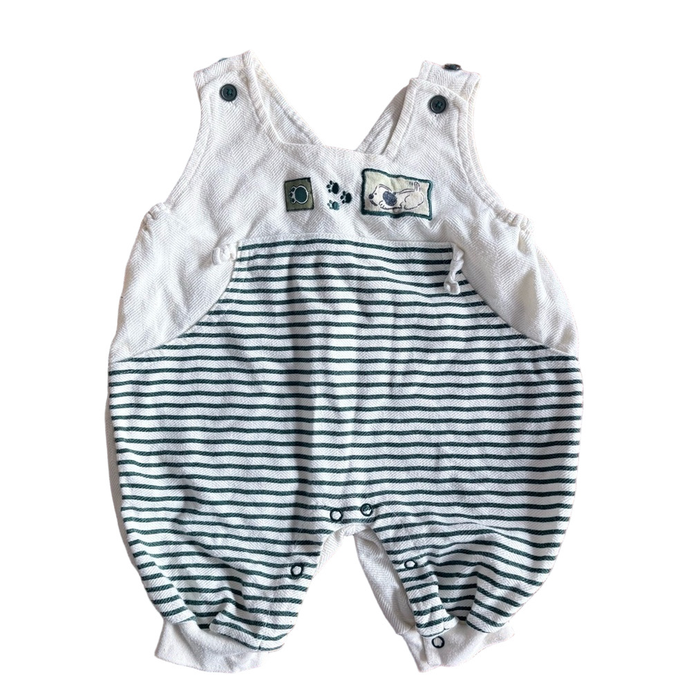 Vintage Kids Baby Striped White + Blue Dog Romper Size 0-3M